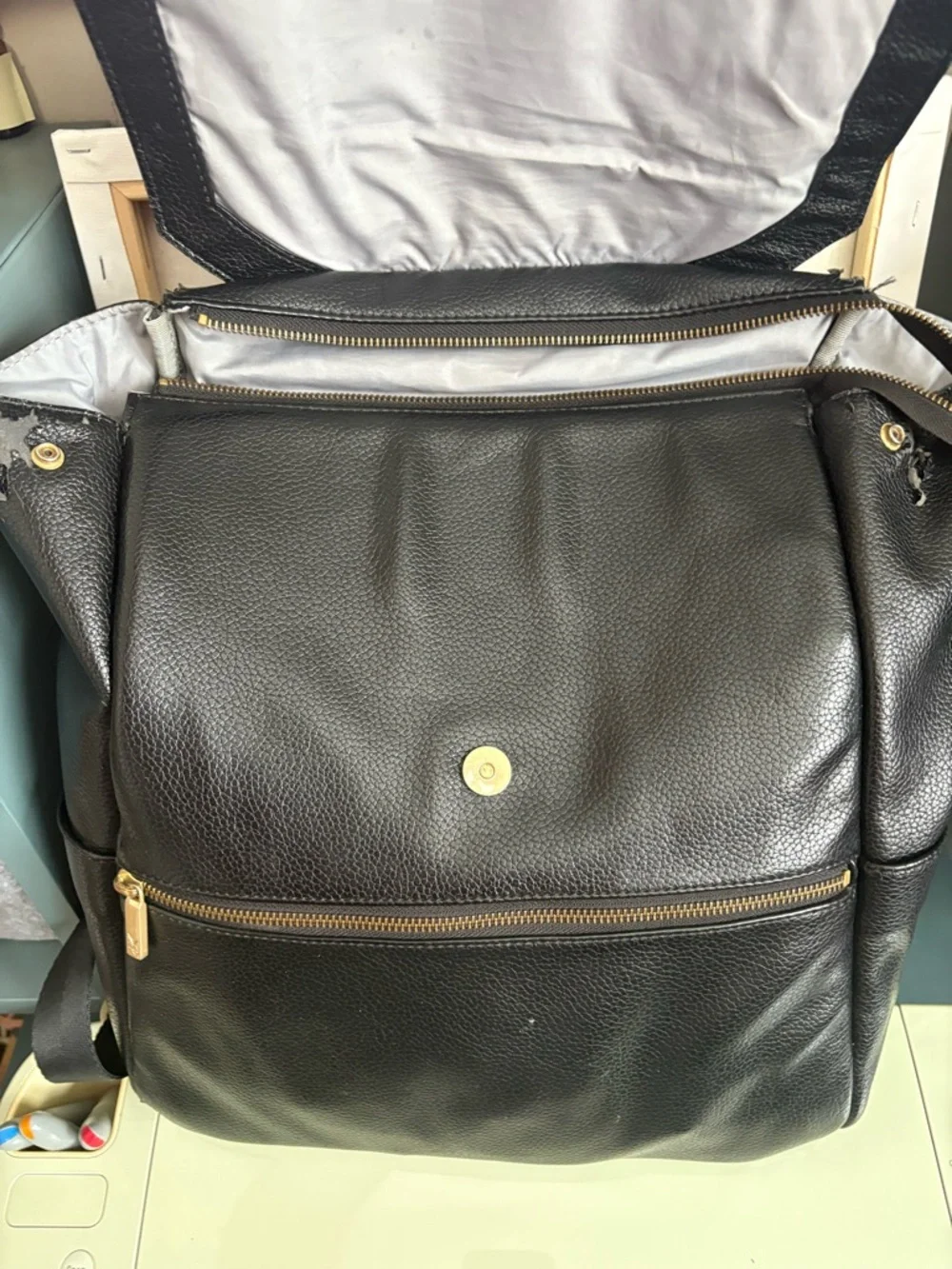 Freshly Picked Black Leather Baby Bag Backpack and Wallet with Gold Hardware